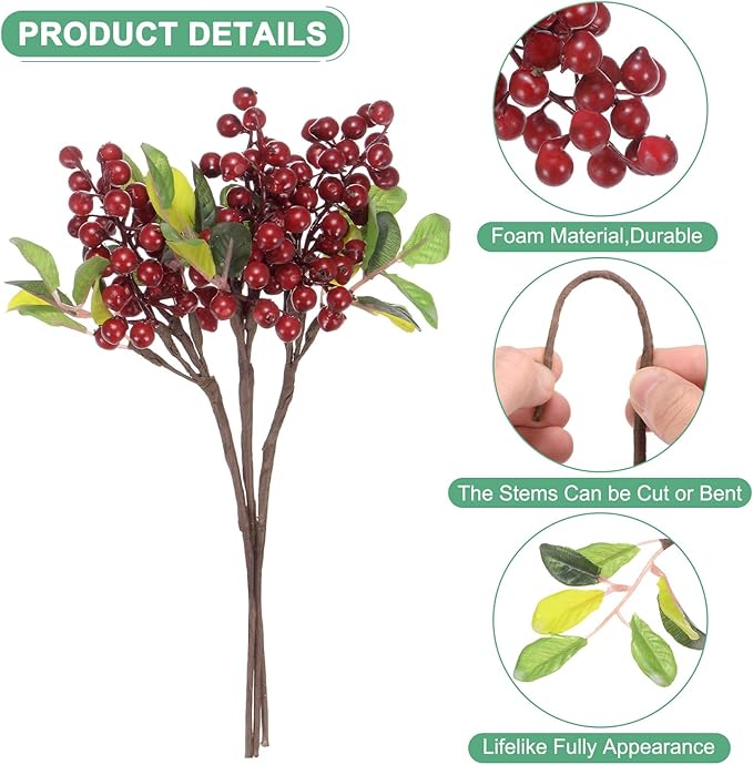3-Pack Artificial Berry, 9.8 Inch Faux Holly Berry Foam Faux Frosted Berries with Stems for Home/Wedding/Christmas/DIY/Party/Garden/Office [Bright Red]