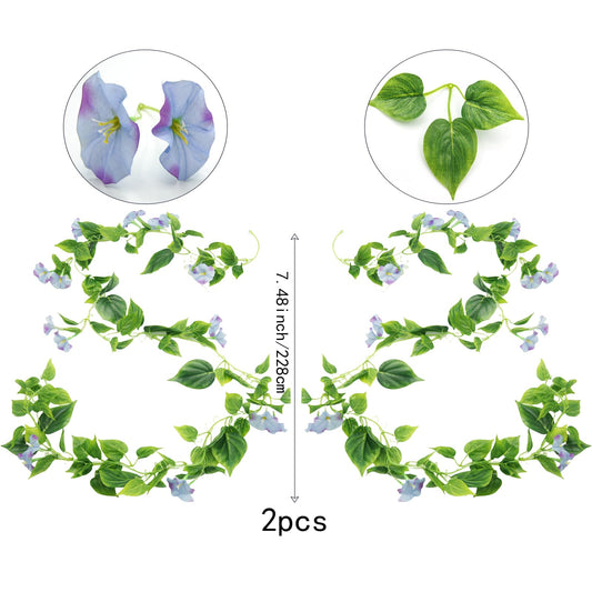 FERIAL Artificial Vines 15Feet Silk Flower Garland for Outdoors Blue Morning Glory Vine Artificial Flowers Hanging Plants Garland Fake Green Plant 2Pcs for Wall Fence Indoor Wedding Banquet Decor