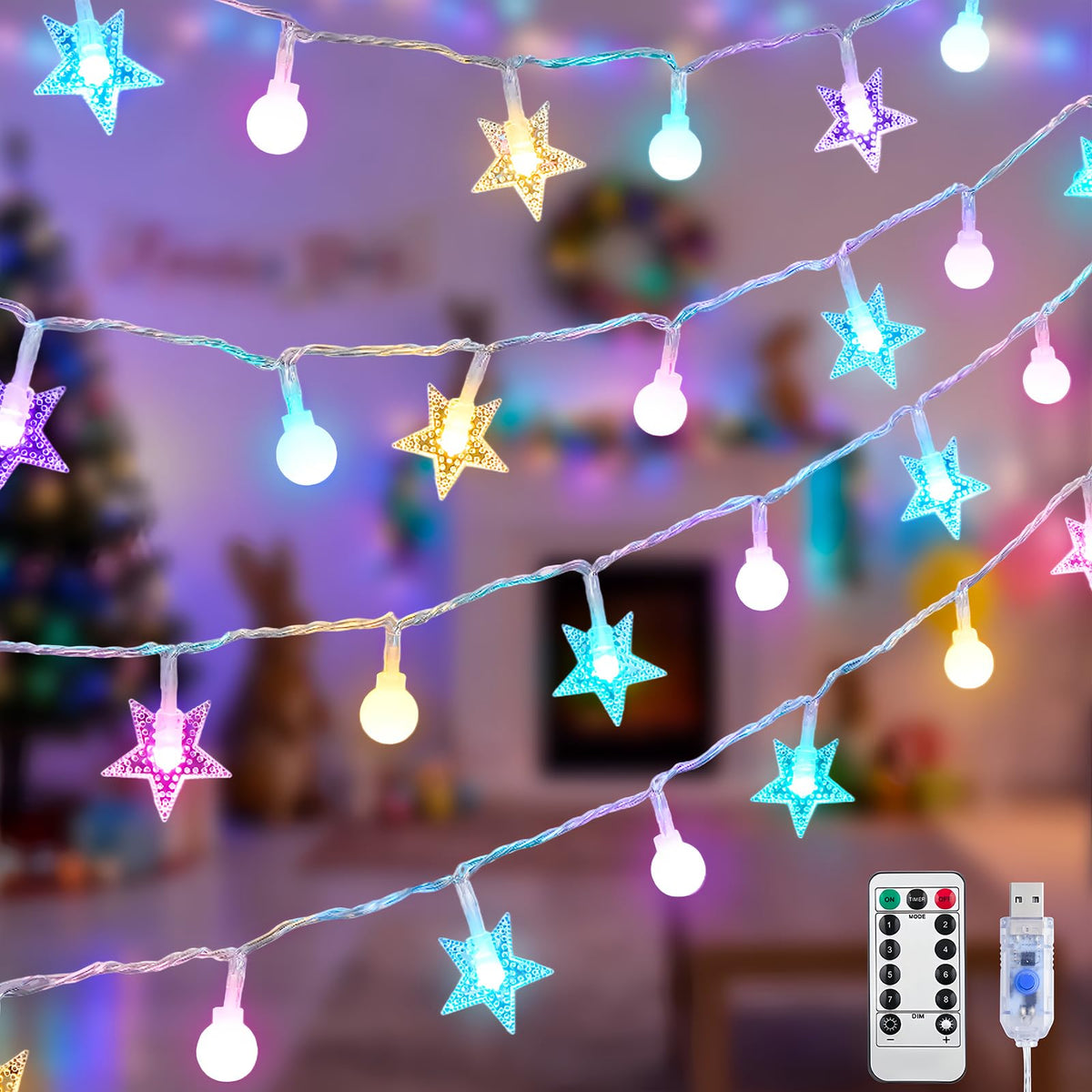 JMEXSUSS 100 LED Easter Lights String Globe Star, 33 FT, USB, Multicolor
