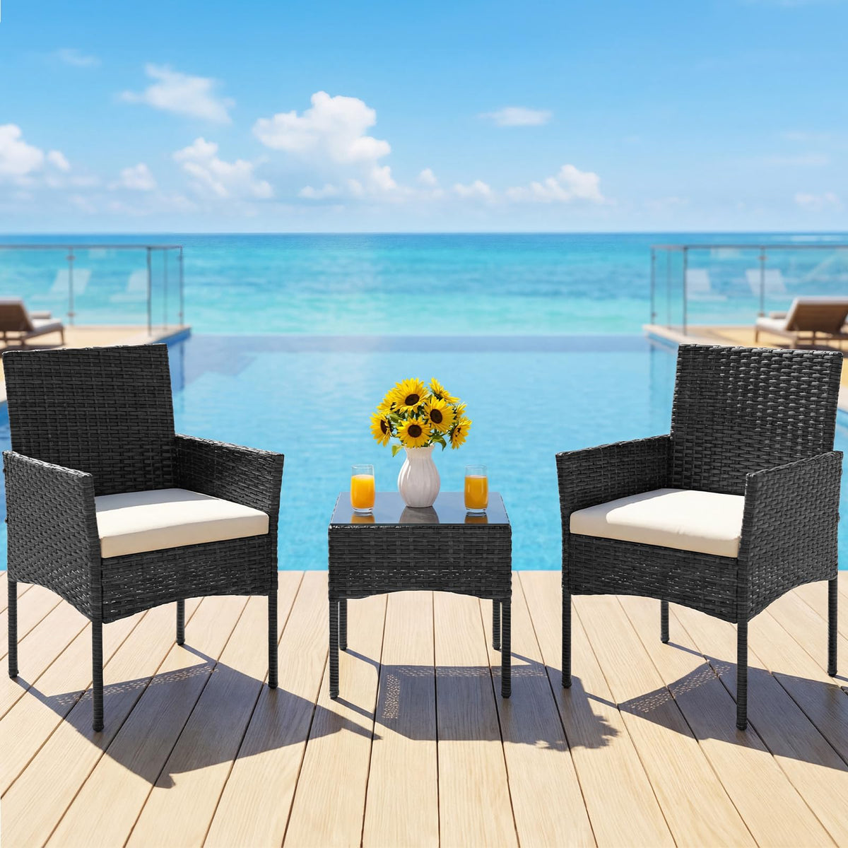 DUMOS 3 Piece Patio Furniture Set, Outdoor Wicker Bistro Set, Black