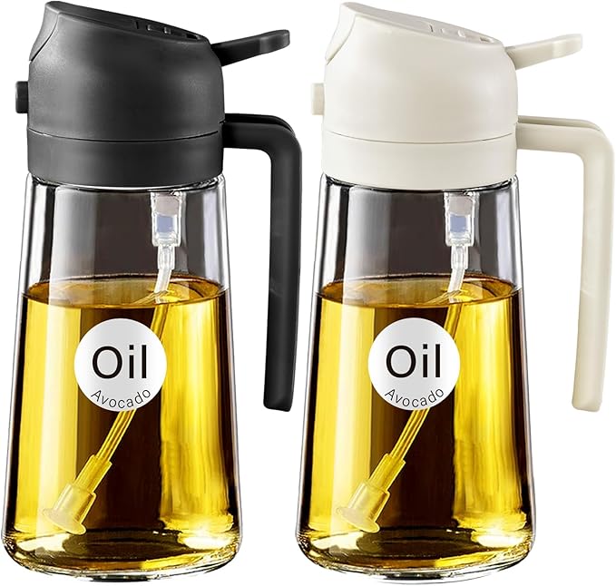 YARRAMATE 2Pcs 16oz/470ml 2 in 1 Oil Sprayer for Cooking with Stickers, Food-grade Glass Oil Spray Bottle, Oil Dispenser and Oil Sprayer for Kitchen, Salad, Frying, BBQ (White &Black)