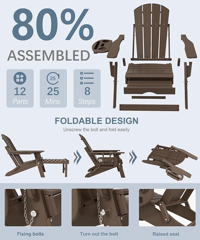 Adjustable Adirondack Chair with Retractable Ottoman Set of 8, HDPE Folding Adirondack Chair with Cup Holder, All Weather Fire Pit Chair for Outdoor.