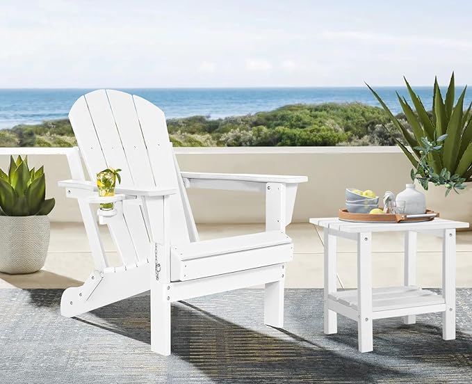 Folding Adirondack Chairs Set 2- Plastic Adirondack Chairs with Cup Holder, Weather Resistant for Outdoor, Patio, Lawn, Garden, Backyard Deck, Fire Pit - White