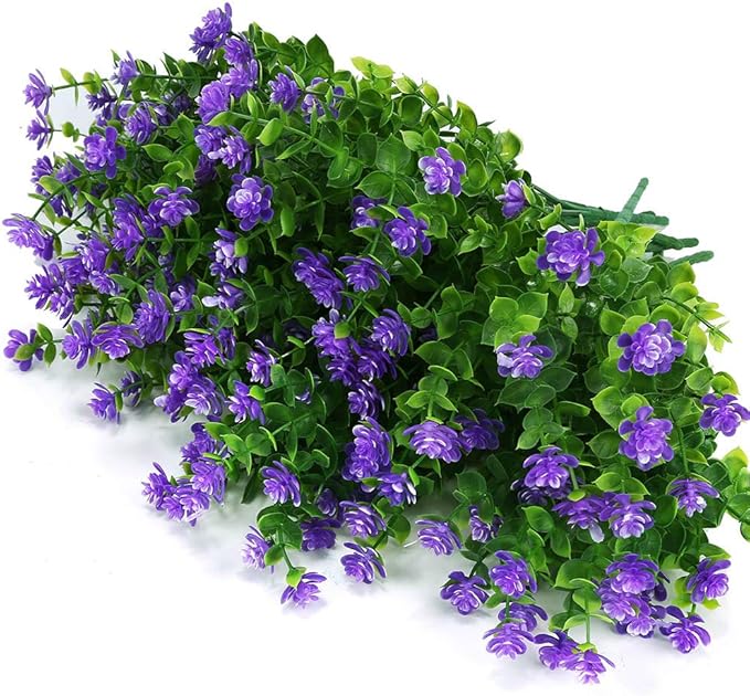 ArtBloom 24 Bundles Outdoor Artificial Flowers UV Resistant Fake Boxwood Plants, Faux Greenery for Indoor Outside Hanging Plants Garden Porch Window Box Home Wedding Farmhouse Décor (Purple)