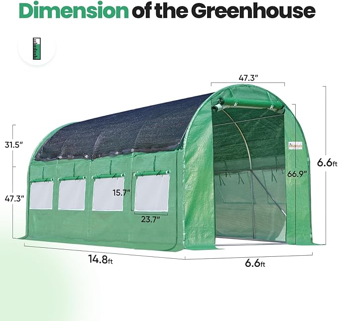 KING BIRD Premium 15x6.6x6.6FT Greenhouse for Outdoors, Large Walk-in Heavy Duty Galvanized Steel Frame, Mesh Door Screen Window Tunnel Hoop Garden Plant Winter Hot House, Side Screen Mesh, Green