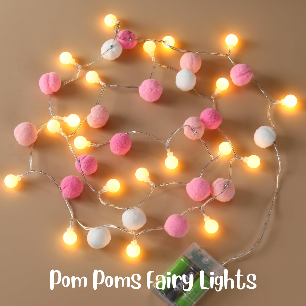 9.84FT Pom Poms Fairy Lights - 30 LED Battery & USB Operated String Lights with Warm White Globe Balls - Cute Indoor Decor for Bedroom Kids Room Playhouse Back to School Birthday Baby Shower - Pink