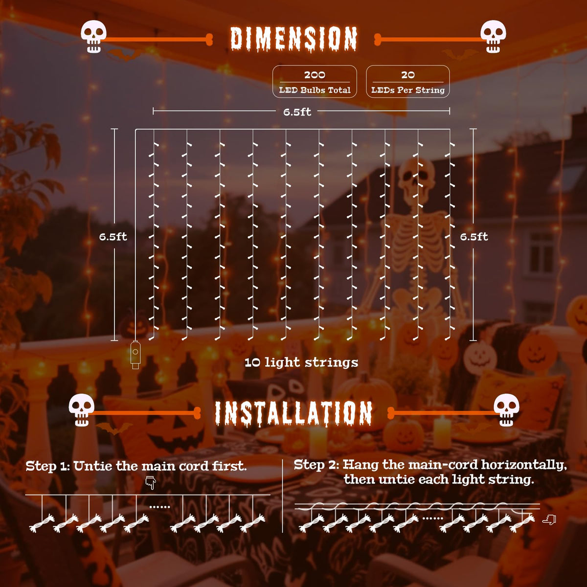 JMEXSUSS Orange Curtain Lights for Halloween, USB Plug in, 200 LED