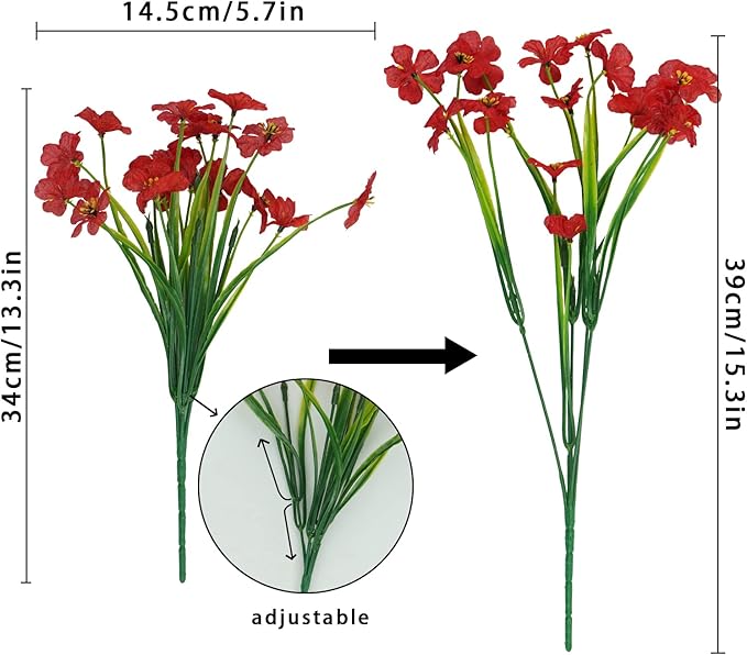 Uieke 16PCS Artificial Flowers for Outdoors, UV Resistant Fake Flowers No Fade Faux Plastic Plants for Garden Porch Window Box Home Décor (Red)
