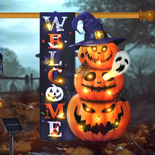 FLAGMESAGE Halloween Lighted Garden Flag, Pumpkin Yard Decor, 28x40 in