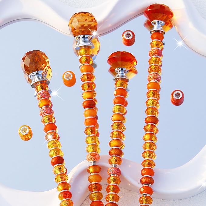 119 Pcs Garden Stake DIY Fairy Wand Plant Stake with Orange Large Hole Beads Crystal Diamond Stopper Top 4 Stainless Steel Threaded Rod Beaded Garden Stakes for Outdoor Indoor Yard Patio Decorations
