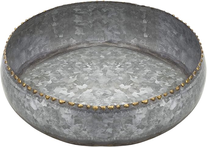 MyGift 11-inch Galvanized Silver Metal Round Planter Bowl with Brass-Tone Pebbled Rim - Handcrafted in India