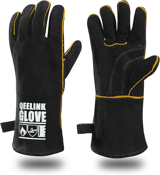 QeeLink Welding Gloves - Heat Resistant Leather and Fireproof Stitching for Fireplace Fire Pit Wood Stove BBQ Gardening Gear