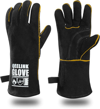 QeeLink Welding Gloves - Heat Resistant Leather and Fireproof Stitching for Fireplace Fire Pit Wood Stove BBQ Gardening Gear