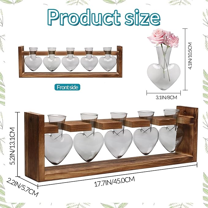 Plant Terrarium Hanging Propagation Stations Gift for Women Air Plants Holder with Wooden Stand Heart Glass