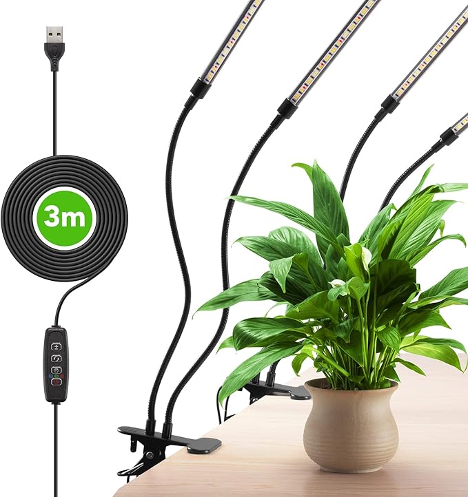 GROWSTAR Plant Lights for Indoor Growing, Full Spectrum 4 Heads Clip Grow Lamps with 10 Feet Cables for Houseplants, Auto On Off Timing 3 9 12Hrs(2 Pack)