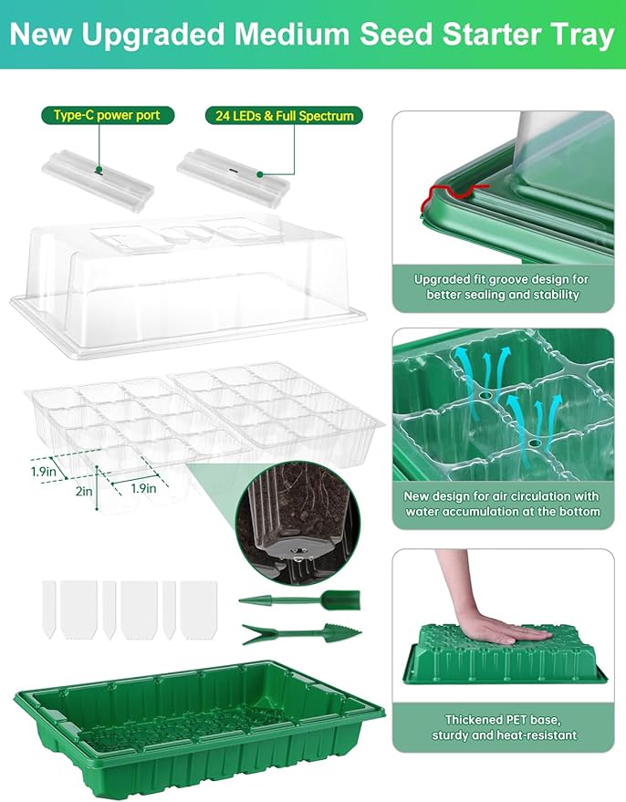 Large Seed Starter Trays with Heat Mat, Seed Starter Kit with 48 Full Spectrum LEDs, 24 Large Cells Seed Germination Kit with Adjustable Humidity Vents for Indoor Plants Seeds Starting