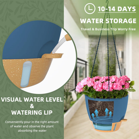 ZMTECH 12 Inch Hanging Planters for Indoor Plants & Outdoor - 2 Pack Self-Watering Hanging Pots with Drainage Holes, Visual Reservoir, Plastic Hanging Baskets Flower Pots with Removable Saucer, Blue