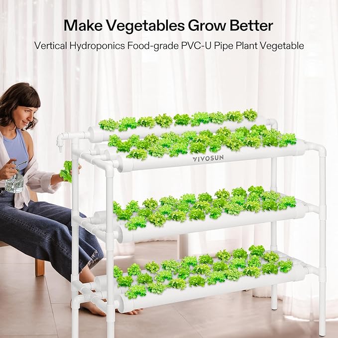 VIVOSUN Hydroponics Growing System 90 Plant Sites, 3 Layers 10 Food-Grade PVC-U Pipes Hydroponic Gardening System Grow Kit with Water Pump, Pump Timer, Nest Basket and Sponge for Leafy Vegetables