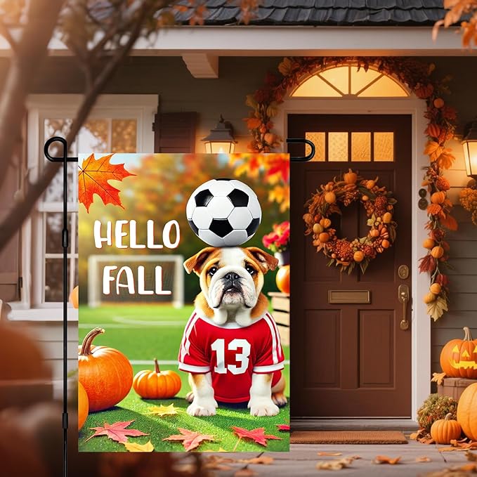 Hello Fall Garden Flag Bulldog Soccer Ball Pumpkins Autumn Leaves Outdoor Decor Flag 12x18 Inch Double Sided Garden Flag For Front Porch Lawn Patio Seasonal Home Decoration For Outside