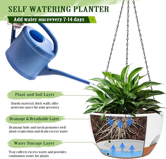 Lucieblessdesign Hanging Planters for Outdoor Indoor Plants, 2 Pack 10 Inch Hanging Basket Plants Outdoor, Self Watering Hanging Planter with Plant Hanger for Garden Home Decoration (White, 10 inch)
