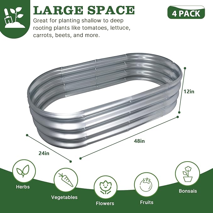 4x2x1 ft Galvanized Raised Garden Bed Outdoor, 4-Pack 12" Tall Metal Planter Boxes for Planting Vegetables, Flowers, Herbs, Tomato - Corrugated Rust-Resistant Elevated Garden Beds Kit, Silver