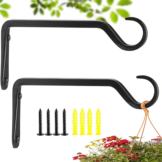 8 inch Plant Hanger, Sturdy Hanging Plant Bracket Outdoor, Hanging Plant Wall Hook Heavy Duty, for Hanging Bird Feeders, Planters, Lanterns, Wind Chimes, Indoor/Outdoor Use, Black, Set of 2