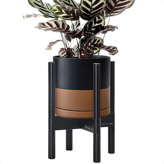 D'vine Dev Ceramic Planter with Ebony Stand - 8 Inch Modern Round Flower Pot with Wood Planter Holder, Black/Speckled Tan, 55-B-M-7