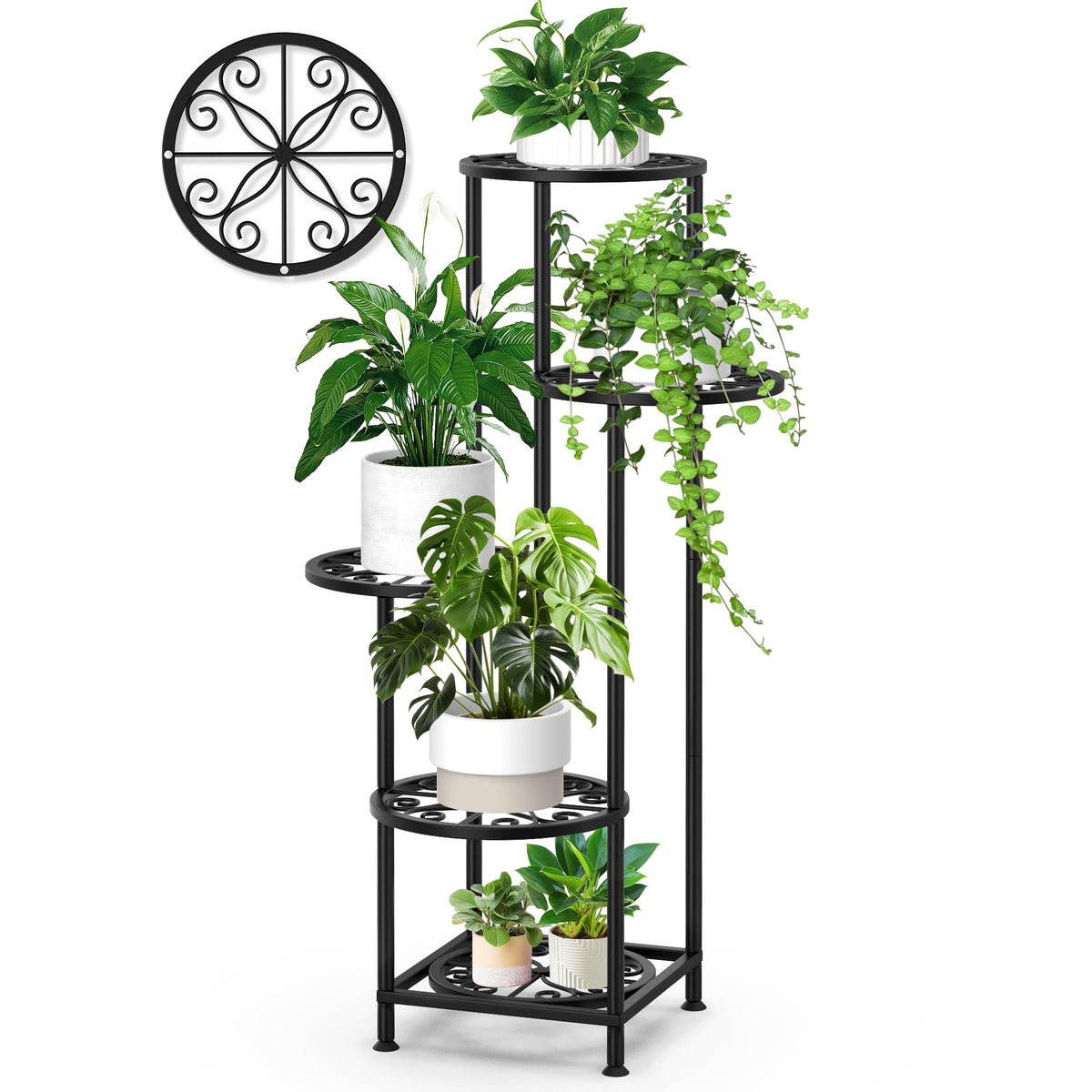 YOCOMEY 5 Tier Plant Stand Indoor Outdoor, Metal Shelf Holder Corner Black
