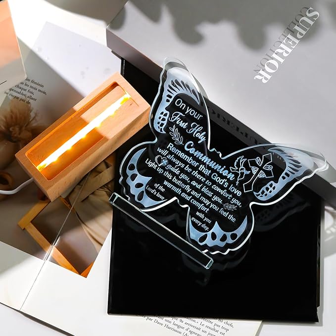 Ornalrist First Holy Communion Gifts for Girls, First Communion Baptism Gifts for Granddaughter Goddaughter, Boys, Teens, Crystal Butterfly Night Light Plaque with Warm Light Base
