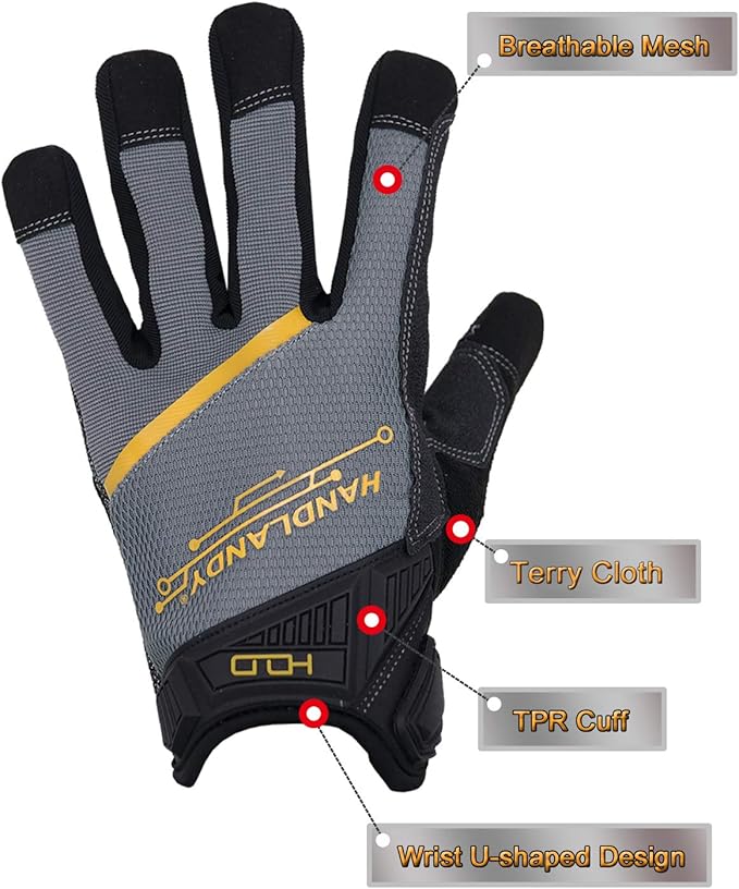 HANDLANDY Mens Work Gloves Touch screen, Utility Mechanic Gloves, Flexible Breathable Fit- Padded Knuckles & Palm