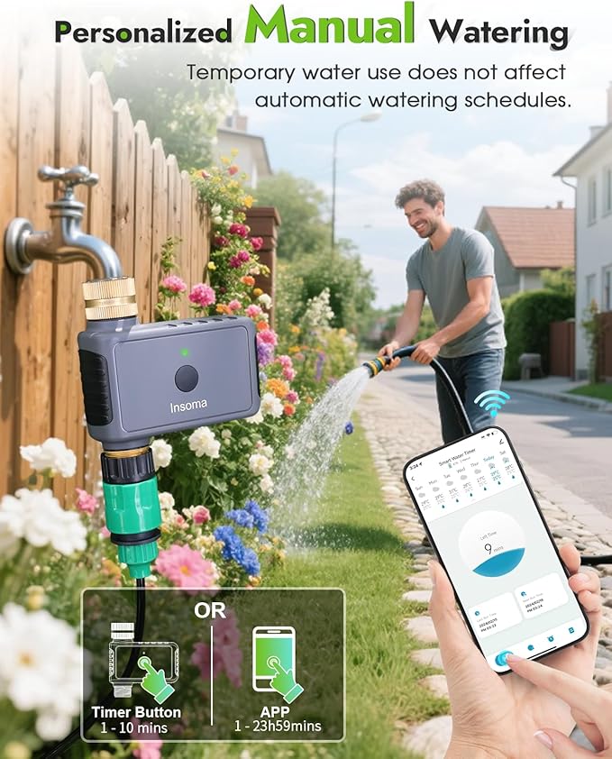 Insoma WiFi Hose Timer - Brass Inlet & Outlet, Voice/App Control Sprinkler Timers with Rain Delay/Manual/Auto Mode, Smart Water Timer for Garden/Lawn/Yard Work with Alexa & Google Home, Energy Saving