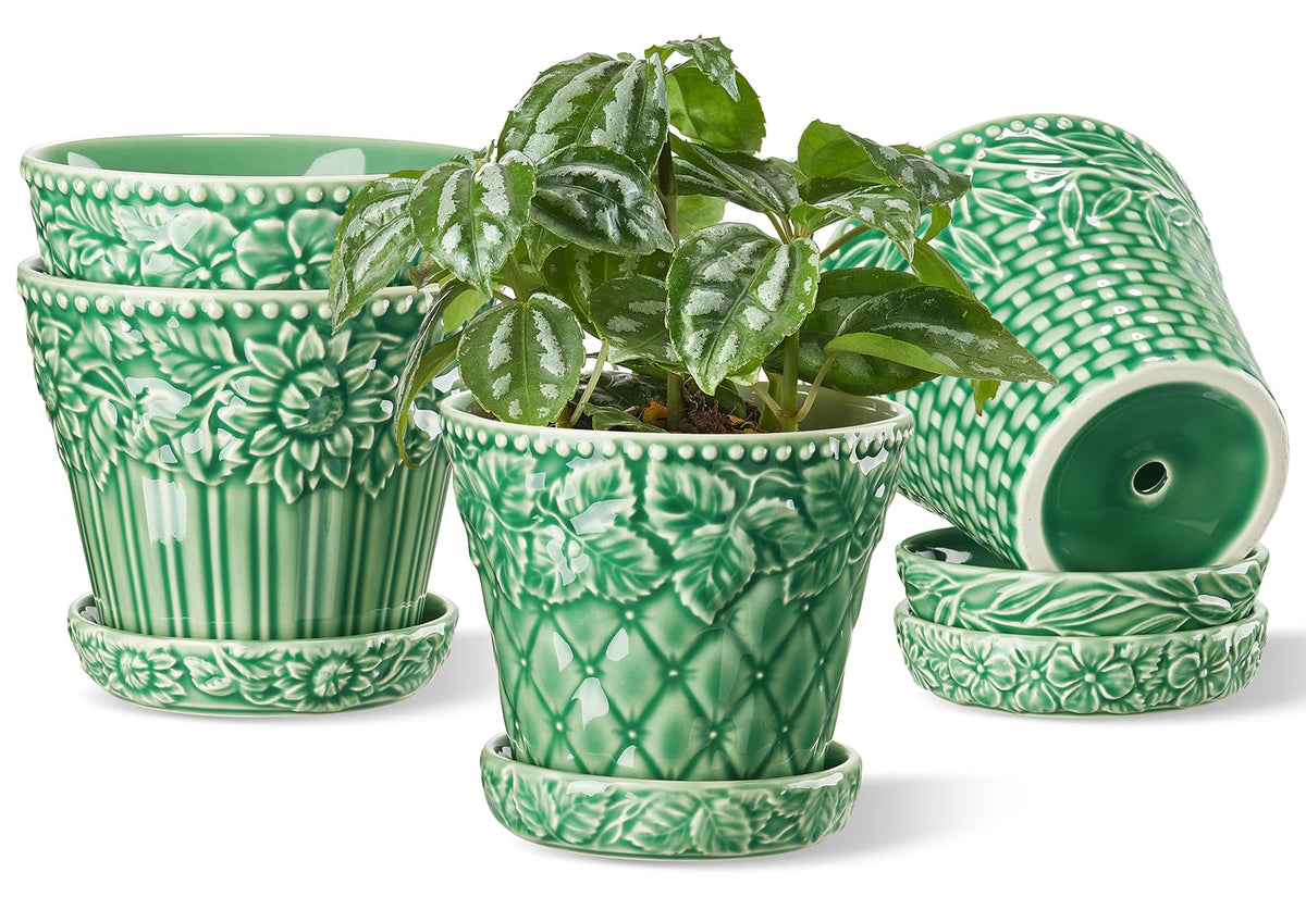 Metahom 4.9 Inch Ceramic Pots for Plants, Flower Pots Set of 4, Green Color