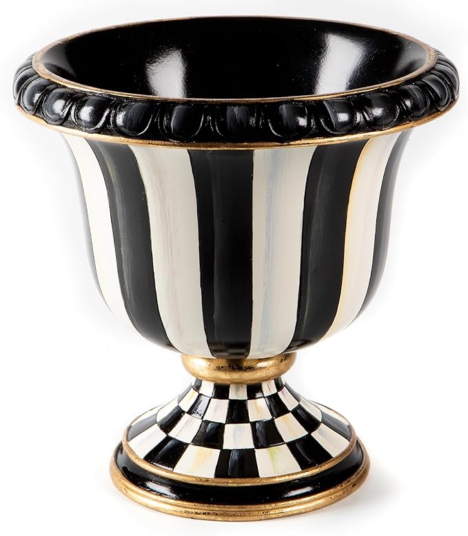 MACKENZIE-CHILDS Pedestal Tabletop Urn, Decorative Centerpiece for Table, Mantel, or Shelf, Small, Black-and-White Courtly Stripe