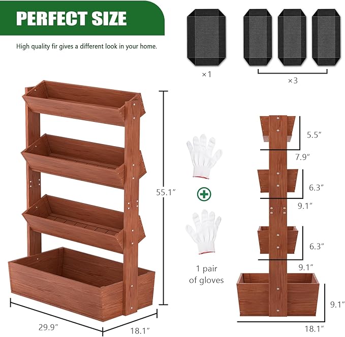 Wooden Vertical Raised Garden Bed, 4 Tier Garden Planters Raised Beds Freestanding Plant Stand Flower Rack Wooden Planter Box for Plants Herbs Flowers Vegetables Outdoor Indoor Gardening