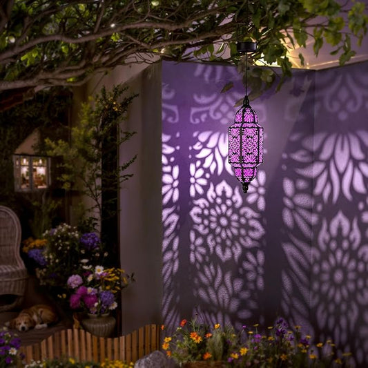 Twinkya 2 Pack Hanging Solar Lights Outdoor Garden Decorative Solar Lantern Waterproof Metal Moroccan Outdoor Decorations for Patio Pathway Yard Porch Backyard Garden Decor (Purple, 2 Pack)