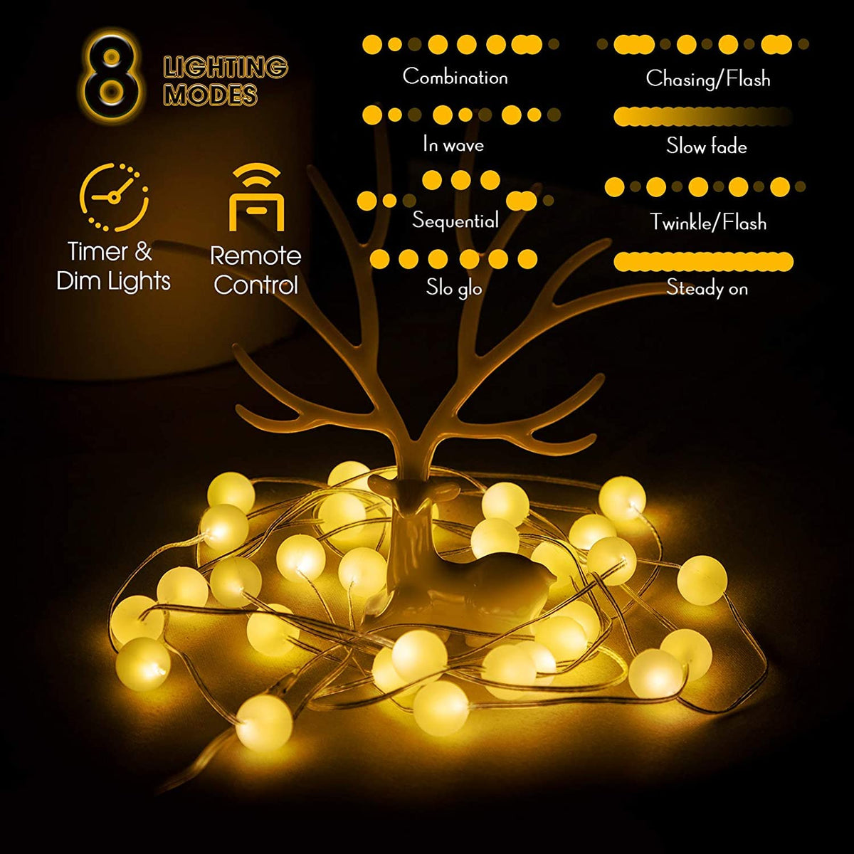 Hiboom 2 Pack Globe Ball String Lights, 10 Ft 30 LEDs 8 Lighting Modes