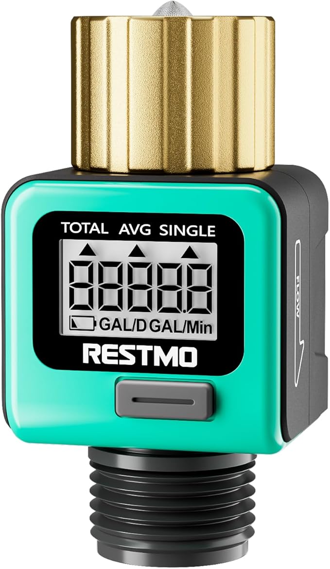 RESTMO Water Flow Meter with Brass Inlet Metal Thread, Measure Gallon/Liter Consumption and Flow Rate for Outdoor Garden Hose Watering, RV Water Tank Filling, Lawn Sprinkler and Nozzle Sprayer