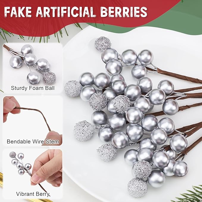 10pcs Fake Silvery Berries Artificial Glitter Decorations Glitter Foam Flower Core Lifelike Plants Picks Wedding Holiday DIY Crafts Bouquet