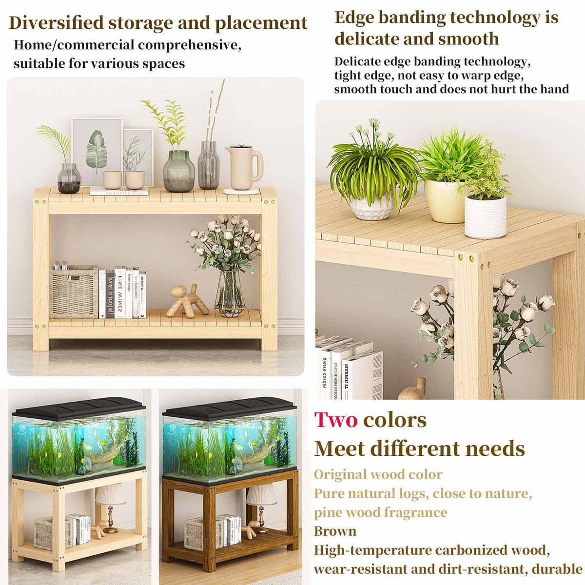 FORRTY Solid Wood Aquarium Stand – Heavy Duty Wooden Fish Tank Stand With 2-Tier Storage | Natural Pine Reptile Tank Table | Indoor Plant Rack | Printer Table | Multi-Purpose Shelf | 30–150cm Width(Wo