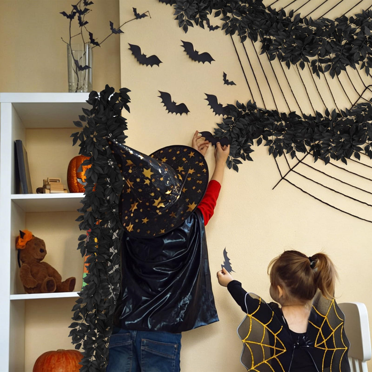 RECUTMS 2PCS Artificial Black Silk Leaves Vine Halloween Garland 5.9Ft