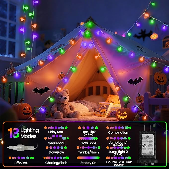 Connectable Orange Purple and Green Halloween Lights Outdoor Indoor - 43FT 100LED Globe String Lights Plug in with Timer, 13 Modes Fairy Light Waterproof for Party Halloween Decorations Bedroom Decor