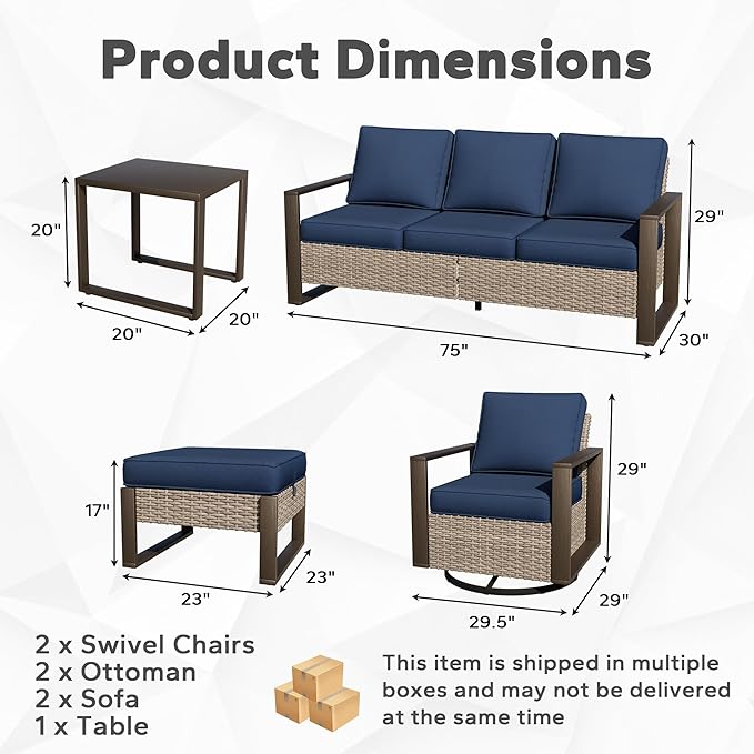 Outdoor Patio Swivel Rocker Chairs, 7 Pieces Wicker Furniture Set, 2 Swivel Rocking Chairs, 2 Sofa 2 Ottoman and 1 Table, Wide Armrest, Thick Cushions and Deep Seating for Garden, Backyard, Porch