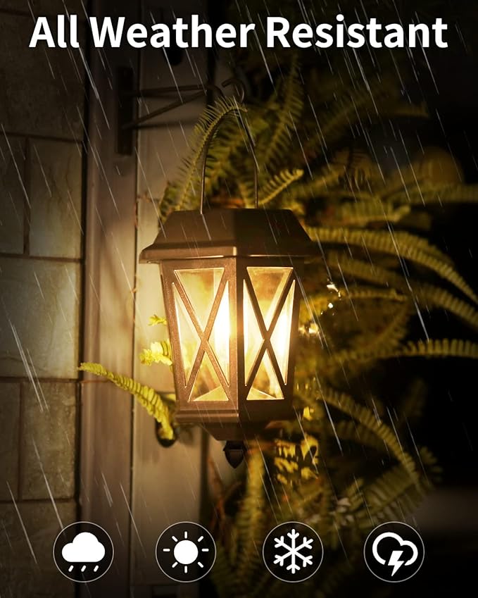 Solar Lanterns Outdoor Waterproof, Hanging Solar Lights with Glass Shade - 2 Pack LED Metal Wall Mount Outdoor Light for Yard/Garden/Patio - Black