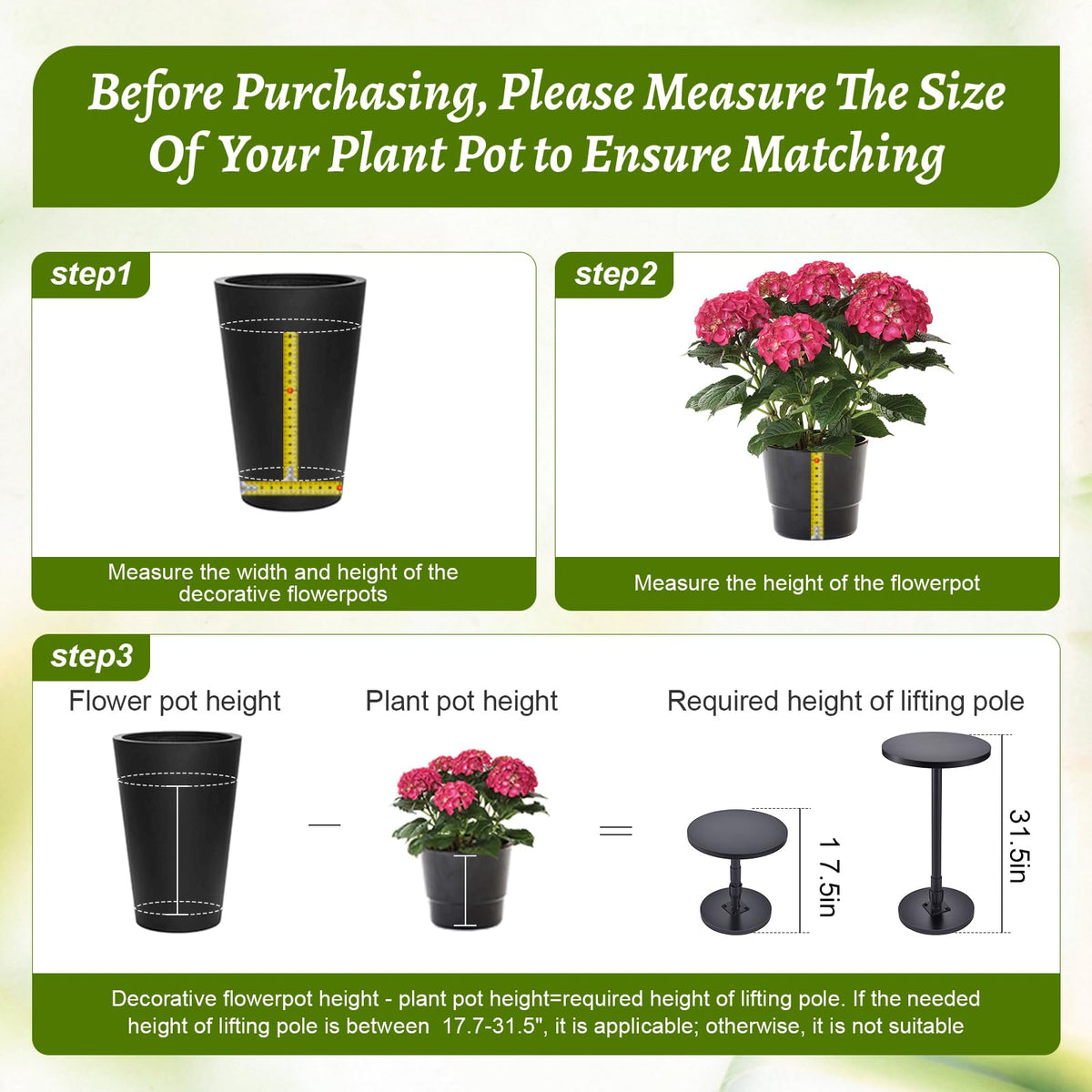 Decivems 2-Piece Adjustable Plant Stand Risers for Inside Pots - Universal 17.5"-31.5" Height Pot Fillers for Large Tall Planters, Fits 6/8/10" Base OR Top (Square/Round/Taper)