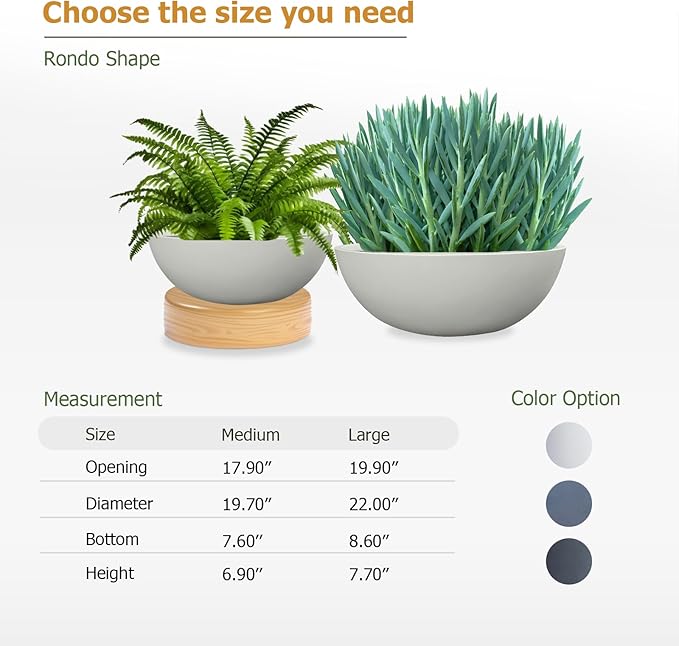 KUTE NEST 6.9" H x 19.7" D Round Bowl Fiberstone Planter for Succulent and Lotus with Drainage Hole, Smooth Finishes, Weather Resistant, Included 2 Extra Coco Mats (Light Gray, 17.9" Pot Opening)
