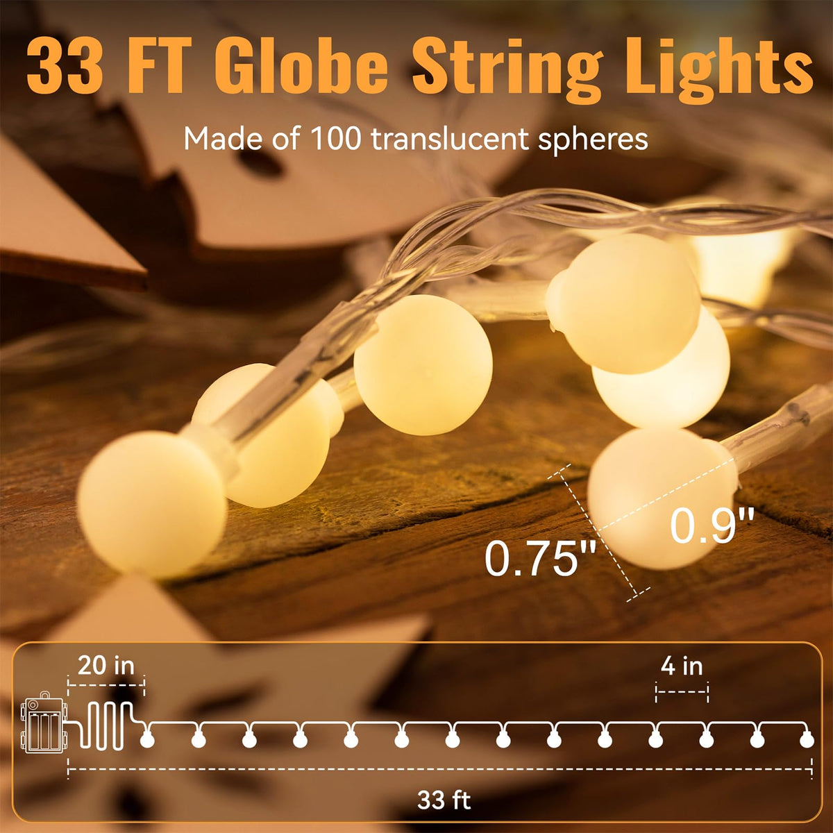 WERTIOO Globe String Lights Battery Operated – 33ft 100 LED Globe Lights with Remote, 8 Modes & Timer – Warm White String Lights for Bedroom, Christmas Tree, Garden, Tent, Camping, Indoor & Outdoor