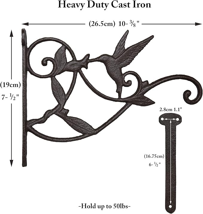 FLORWOD Planter Hooks for Wall, 10 Inch Heavy Duty Outdoor Plant Hangers, Decorative Iron Wall Hooks for Lanterns, Hummingbird Style, 1pc