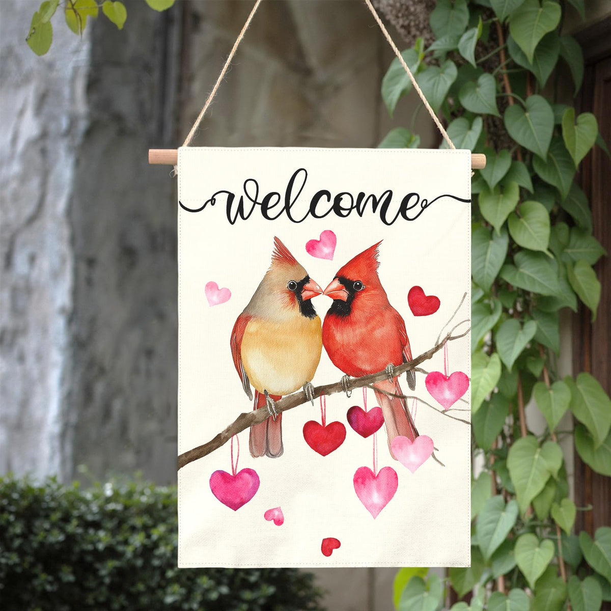 Dacawin Welcome Valentine's Day Garden Flag Cardinal Love Heart Vertical Double Sided House Banner Holiday Anniversary Wedding Red Birds Large Yard Flags Farmhouse Valentines Day Decor 28 x 40 Inch