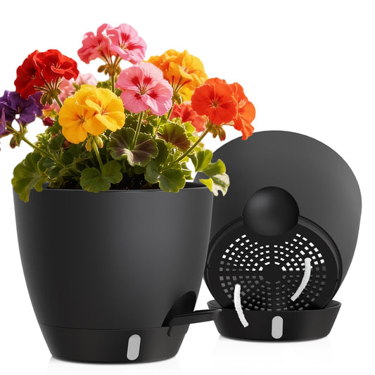 KUGAZ Self Watering Pots with Drainage Holes, 2 Pack 8 Inch Plant Pots with Water Level Indicator Deep Reservoir, Large Plastic Planter for Indoor Outdoor Plants - Black