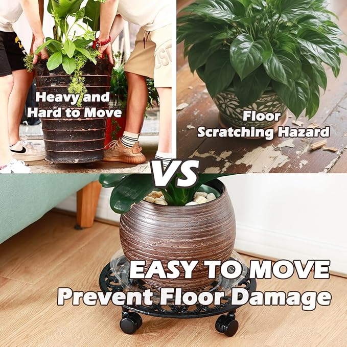 3 Packs 14 Inch Rolling Plant Stand with Wheels Metal Plant Caddy with Wheels Heavy Duty Round Plant Stand Indoor Iron Plants Rollers for Plants, Plant Dolly